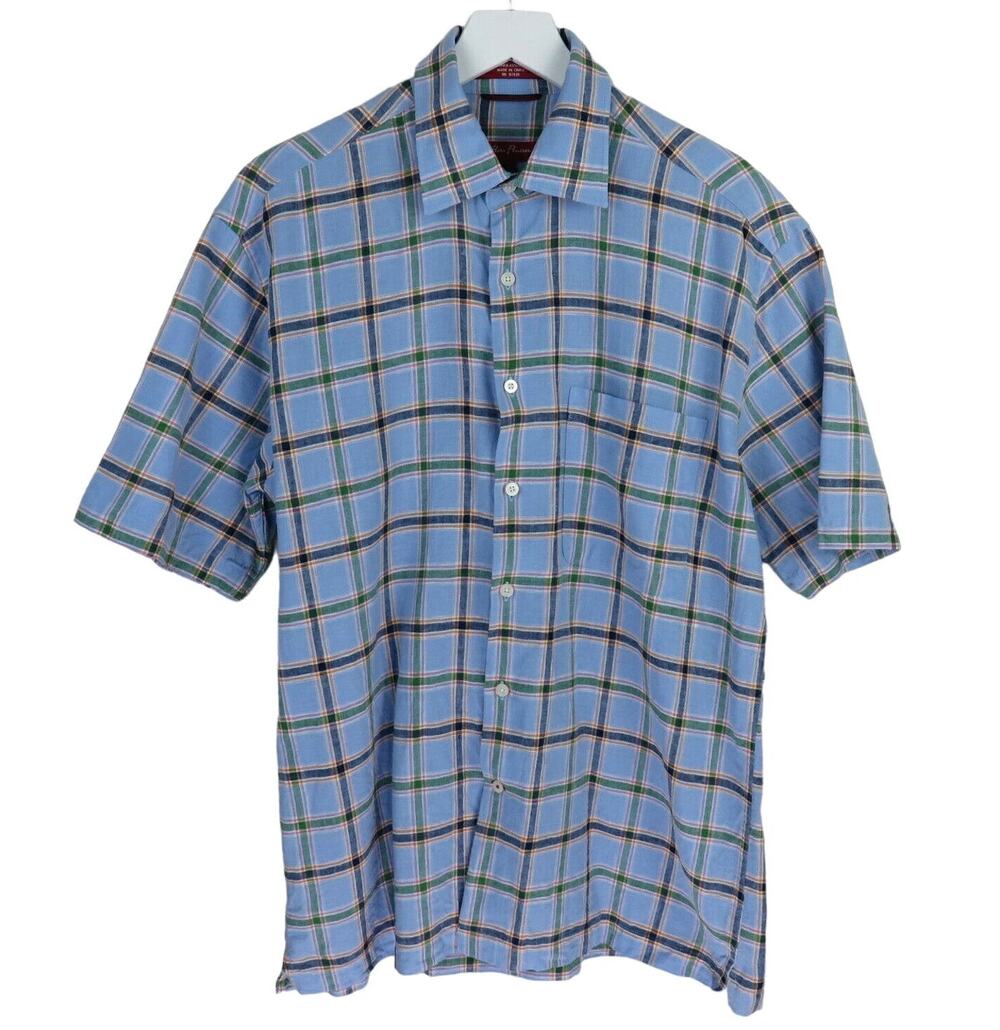 Alan Flusser Blue Plaid Linen Blend Short Sleeve Shirt - Men's M